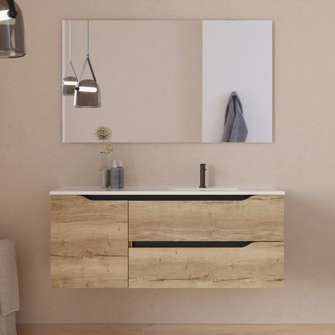 Meuble de salle de bain 120cm avec vasque déportée à droite et miroir - 2 tiroirs et un placard - madera miel (bois clair) - ZARZA (1/5)