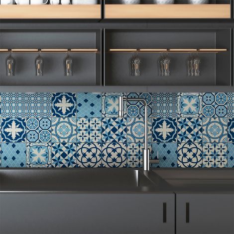 Sticker Mural Carrelage adhésif Cuisine Salle de Bain - 9 STICKERS CARREAUX DE CIMENT AZULEJOS LUANA - 9stickers20x20cm (1/5)