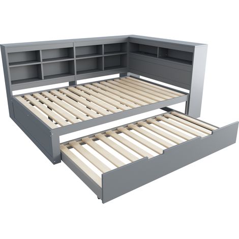 Lit avec rangement en bois gris 140x200 cm + lit gigogne 90x190 cm, prise USB intégrée (1/5)