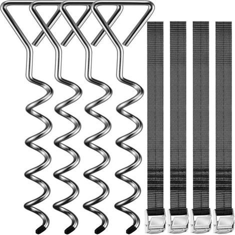 Piquets d’ancrage spirales Sangles de serrage Kit ancrage résistance 900kg Acier inoxydable Fixations pour trampoline Sécurité (1/4)
