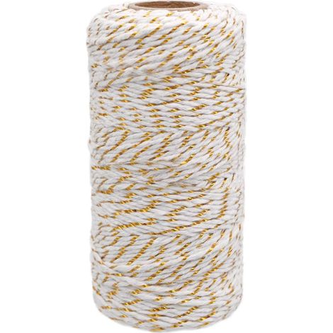 Ficelle de Coton Noël, Baker's Twine Corde Blanc avec fil doré, 2mm100M, pour l'emballage cadeau, Décoration, Loisirs Créatifs