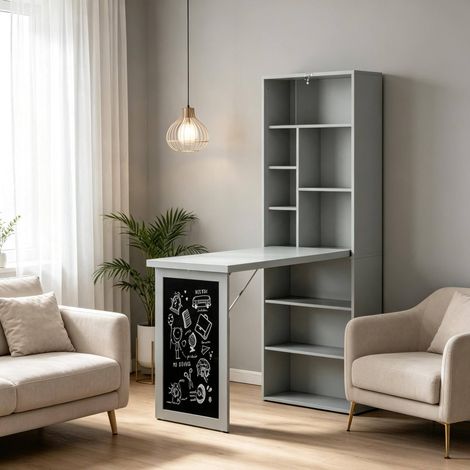 Bureau mural pliant avec étagère et tableau, 98 x 51 x 153 cm, gris et noir OKMYHOME (1/5)
