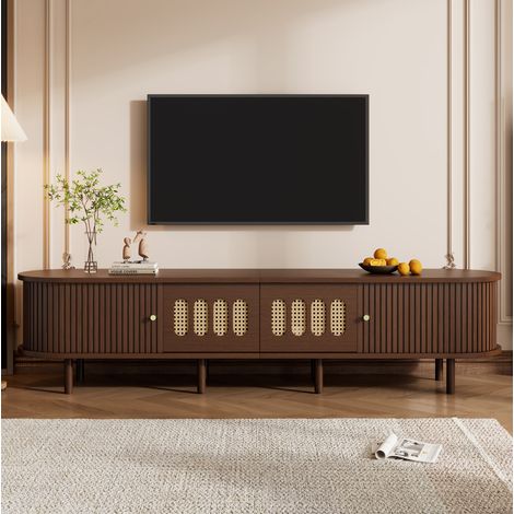 Meuble TV 180x40x40 cm, 2 tiroirs design rotin et 2 portes à rideau, rangement, MDF noyer pour salon (1/5)