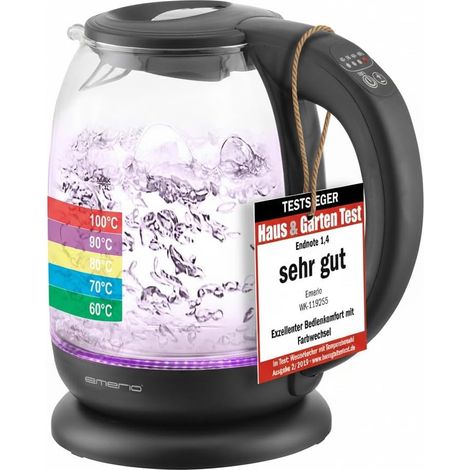 Haus & Garten Test 02/2019, bouilloire en verre avec sélection de température (60°C/70°C/80°C/90°C/100°C), sans BPA, protection contre l'ébullition à sec, Auto -off, 2200 W (1/5)