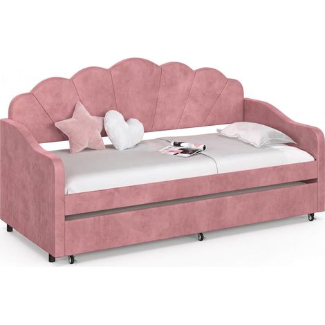 Lit banquette gigogne coquillage AMANDA 2 x 90 x 190 cm avec 2 sommiers velours rose poudré (1/5)