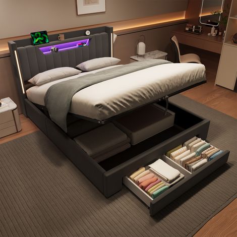Lit coffre 140x200 cm gris foncé en velours avec éclairage LED et station de recharge (1/5)