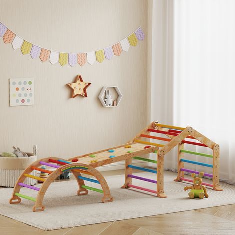 Kletterdreieck für Kinder mit wendbarer Rampe, Wippe und mehrfarbiger Kletterstruktur