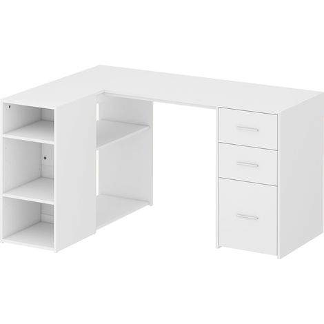 Bureau d'angle et bureau informatique en L - 140x100x75 cm, blanc - 3 tiroirs, 5 compartiments ouverts et étagères réglables - Pour chambre, bureau - Design pratique (1/5)