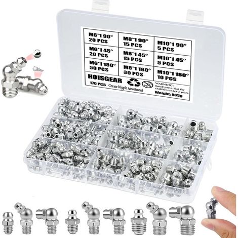 170 Pièces Assortiment Graisseur M6 M8 M10 Kit à Visser en Fer Nickelé Droit et Coudé 45°/90° pour Équipement Mécanique, Voitures, Bateaux, Tracteurs (1/4)