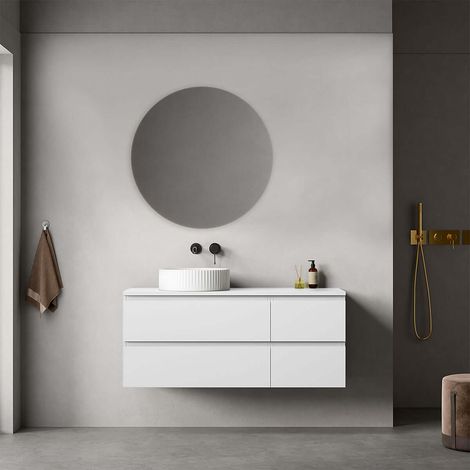 Mobile bagno sospeso reversibile 120 cm Bianco Opaco per Lavabo d'appoggio Specchio Tondo - Fiji Paint Top (1/4)