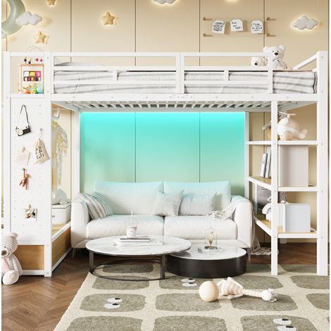 Letto a soppalco 140/200 cm bianco con armadio aperto, LED e scaffali (1/5)