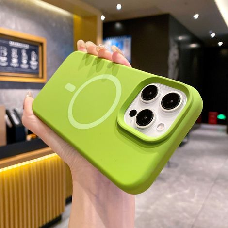 (Jaune-vert, iPhone 16 Plus) Coque de téléphone en silicone liquide pour iPhone, fixation magnétique puissante.