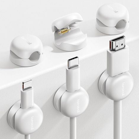 Lot de 6 Clips gestion câbles, mécanisme ressort, fente 8 mm, adhésif acrylique, plastique ABS, pour bureau voiture (1/5)