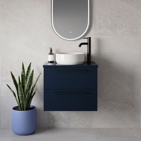 Napoli 390 Deep Blue 600mm Wall Mounted 2 Drawer Vanity Unit for Countertop Basins - 600mm - Matt Black 320mm Handle