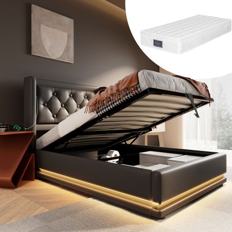 CHICFURN Letto singolo 90x200 cm in PU nero, vano idraulico, USB-C e LED 3 lati, senza materasso (1/5)