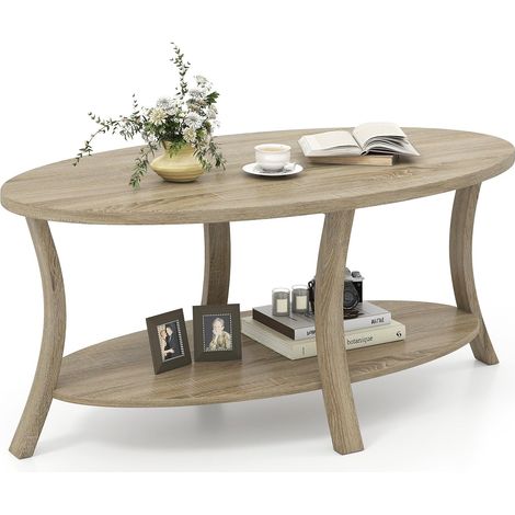 COSTWAY Tavolino da Caffè Ovale a 2 Livelli, Tavolino Basso da Salotto in Legno con Ampio Piano e Ripiano Aperto, Design Rustico per Soggiorno, Ufficio e Studio, 111 x 60,5 x 47 cm (Naturale) (1/5)