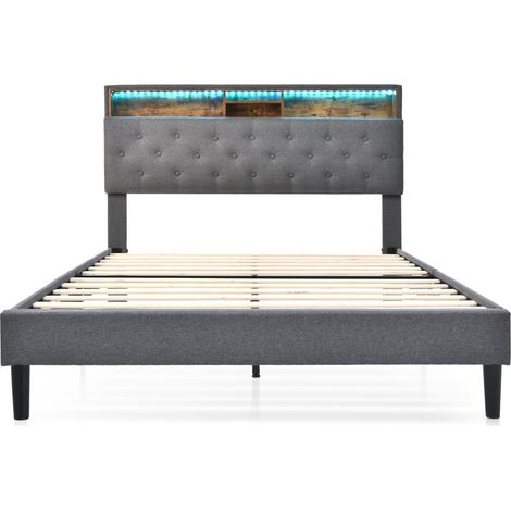 Cama doble tapizada con cabecero de almacenaje y LED, 140 x 200 cm, gris (1/5)