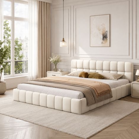 Lit capitonné 140 × 200 cm, rembourrage en mousse haute densité, lit double, design encastré, cadre de lit 140 × 200, style moderne, sommier à lattes, lit adultes,lit ados, Lin, Beige (1/5)