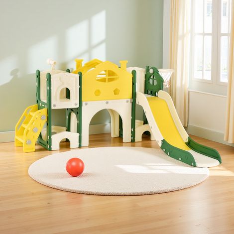 Scivolo per bambini 7 in 1 - con canestro da basket, scivolo, tunnel, telescopio, area giochi per bambini, adatto per uso interno ed esterno - Giallo