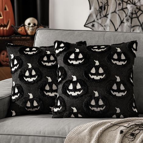 Taie d'oreiller fantôme noir (45,7 x 45,7 cm) à motif citrouille, lot de 2, sur le thème d'Halloween, d'automne et de Thanksgiving. (1/4)