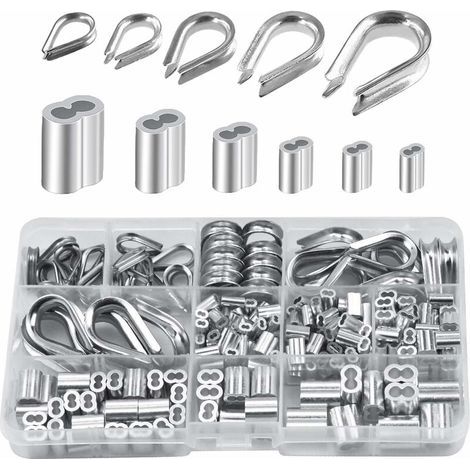 Lot de 250 cosses de câble métallique en aluminium de 6 tailles différentes - Assortiment de manchons à double barillet et 5 cosses de taille pour câble métallique (1/4)
