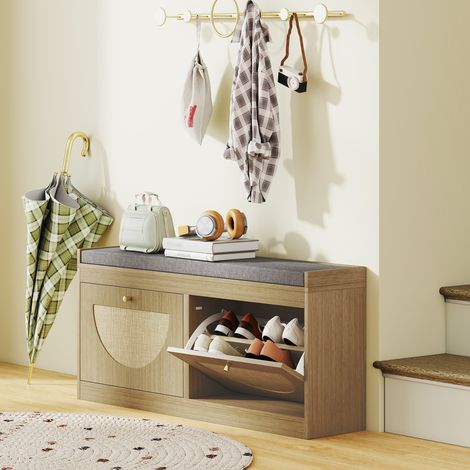 Banquette à chaussures avec portes de siège rembourrées, étagère réglable avant en rotin pour 8 paires de naturelles