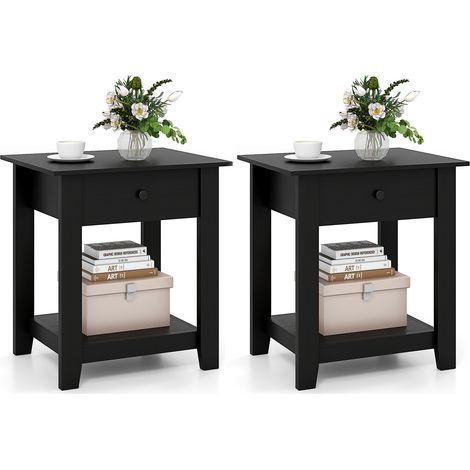 COSTWAY 3-Tier Modern Bedside Table Nightstand with Drawer Set of 2-Black (1/5)