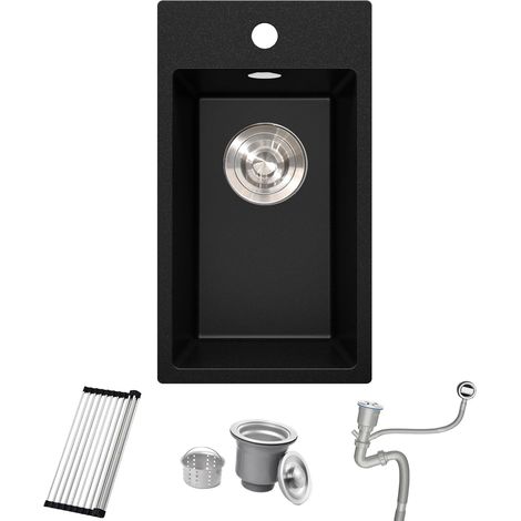 Mini Évier Cuisine Extérieur en Granit Composite Noir 28x50 cm, Petit Lavabo 1 Bac Encastrable Meuble 30 cm, Bonde, Kit Trop-Plein, Grille Enroulable, Siphon, Anti-Rayures et Résistant Chaleur (1/5)