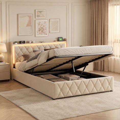 Lit coffre 140x190,lit 140x190 avec sommier à lattes,LED,2 USB + 1 Type-C,lit double capitonné,lit adulte,tissu en Velours,Beige (1/5)