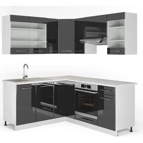 Cucina angolare completa Fame-Line, Antracite lucido/Bianco, 190 x 160 cm, PL Marmo, Vicco