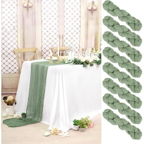 8 pièces chemin de table en gaze vert sauge, 90 x 300 cm, style bohème pour mariage, fête, banquet et décoration (1/5)