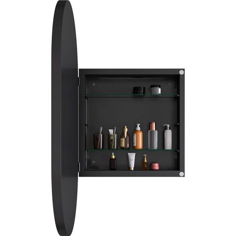 Stylish Oval Mirror Cabinet, Recessed Medicine Cabinet, Wall Cabinet with Metal Framed, Mirror and Adjustable Shelves, Mirror Cabinet with Storage for Bathroom, Living Room and Bedroom, Black (1/5)