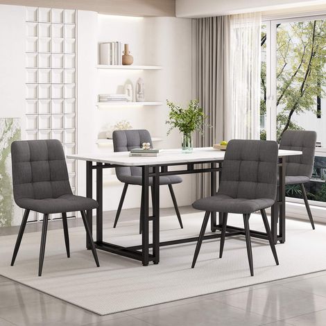 Ensemble table à manger 140x80 cm avec 4 chaises en lin gris foncé, table MDF pieds métal noir, set repas moderne (1/5)