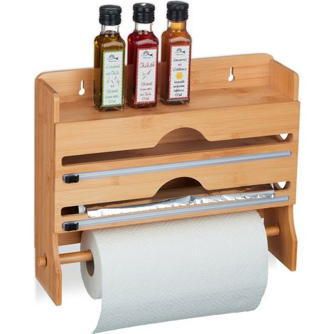 Relaxdays – Distributeur mural 3 en 1 en bambou – Dévidoir pour essuie-tout, film alimentaire et papier aluminium – Système de découpe intégré – Dimensions 31x39,5x11 cm (1/5)
