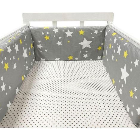 Tour de lit bébé, barrière de lit en coton pour nouveau-né, rabat tressé, berceau bébé - Étoile blanche jaune (1/3)