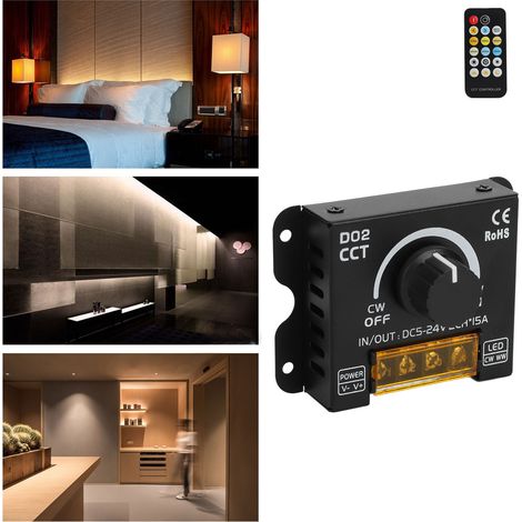 Variateur LED 2 canaux avec encodeur 360°, bouton de réglage de la température de couleur et télécommande pour ruban LED, 5-24 V CC (1/5)