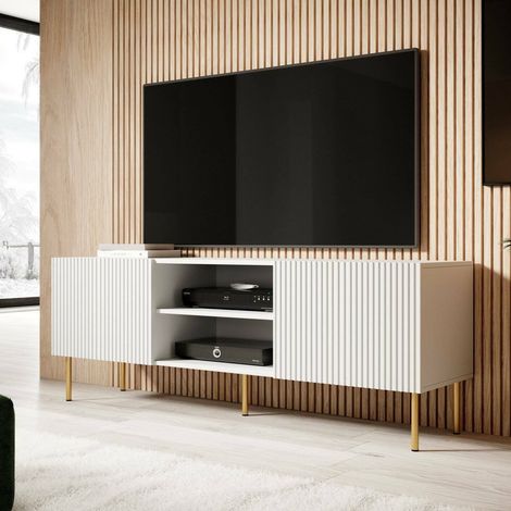 Mueble de TV Magnano, aparador de salón con cuatro puertas batientes, elevado del suelo, 150x42 h52 cm, blanco (1/5)