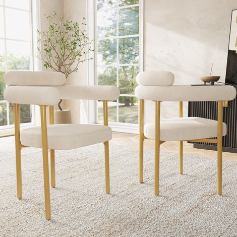 2 sillas de comedor en nubuck beige, asiento acolchado, patas de metal dorado, HAVRYA (1/5)