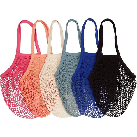 Lot de 6 Sacs en filet, Coton biologique, Anses longues, 16 Litres, 18 kg, Courses, Plage, École (1/5)