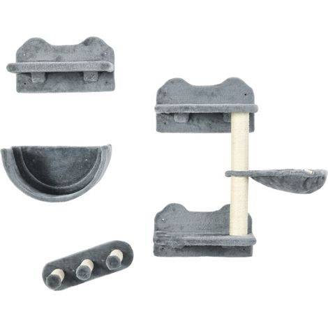 Mur d'escalade pour chat 4 pièces, arbre à chat mural en panneau de particules gris avec plateau, escalier, niche et griffoirs sisal, pour chats jusqu'à 5 kg CHICFURN (1/5)