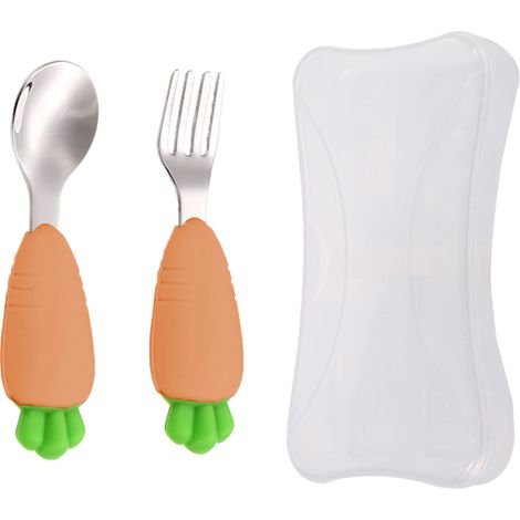 Cuillère Et Fourchette Bébé - Tête En Acier Inoxydable - Manche En Silicone Souple - Pour Apprentissage De Lautoalimentation - Lot De 2 (1/5)