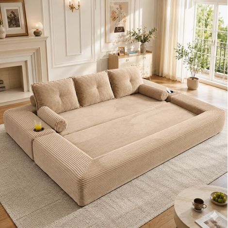 Canapé convertible 3 places en velours côtelé, 232 x 98 x 80 cm, couleur kaki (1/5)