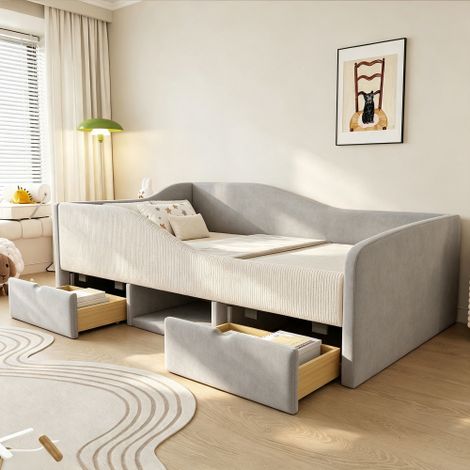 Letto imbottito per bambini 90190, letto multifunzionale con due cassetti e sponde, tessuto in velluto delicato sulla pelle, senza materasso, grigio (1/5)