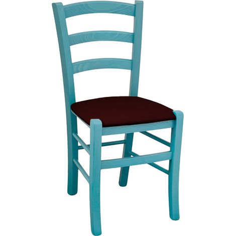 Silla de madera Venezia turquesa con asiento en piel sintética marrón (1/5)
