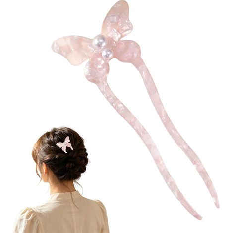 Fourche à Cheveux en U Femme 1 pc Acétate Papillon Rose - Épingle Chignon 2 Dents, Maintien Sûr Durable & Élégant pour Coiffures Sophistiquées (1/5)