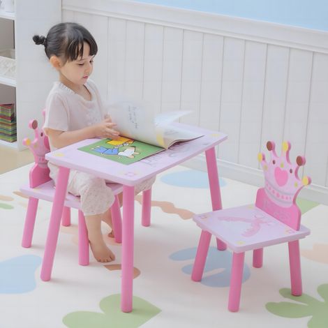 Prinzessinnen-Tisch- und 2-Stuhl-Set für Kinderzimmer aus rosa Holz mit kronenförmiger Rückenlehne