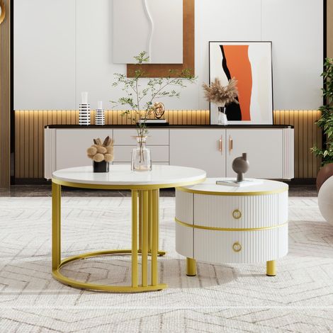 2-in-1 runder MDF-Couchtisch, Beistelltisch mit glänzender Platte und 1 weißer Marmorplatte, Wohnzimmer-Couchtischkombination mit 2 Schubladen, 707046 + 505040 cm (1/5)