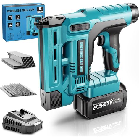Cloueuse Electrique Sans Fil 2 en 1 Agrafeuse Electrique Compatible avec 18V Batterie avec 1 batterie de 4,0 Ah, 1000 clous et 1000 agrafes pour le bois, le bricolage et le rembourrage (1/5)