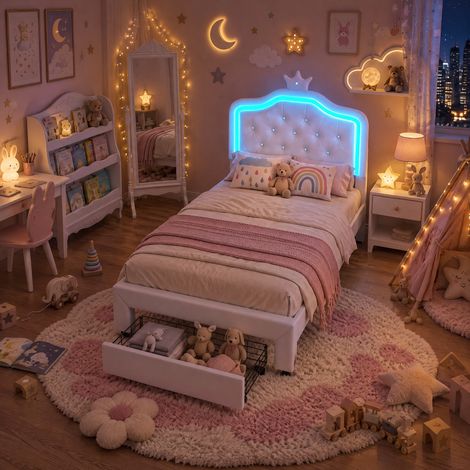 JOOKGBD-Kinderbett Polsterbett 90 x 200 cm,Einzelbett 90 x 200 cm mit LED, Mädchenbett mit 1 Schublade und höhenverstellbarem Kopfteil,Prinzessinnenbett in Kronenform,Lattenrost,PU,Weiß