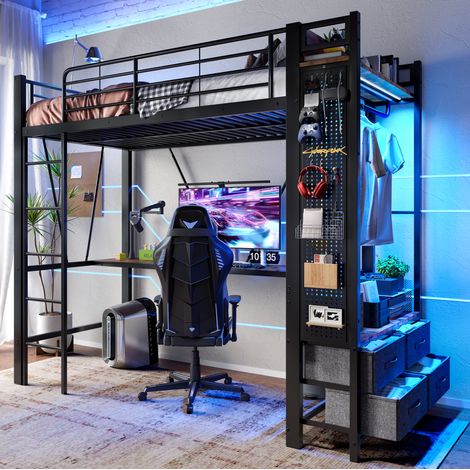 MEUBLIV Litera alta 90x200 cm negra – escritorio, almacenaje y LED, sin colchón (1/5)